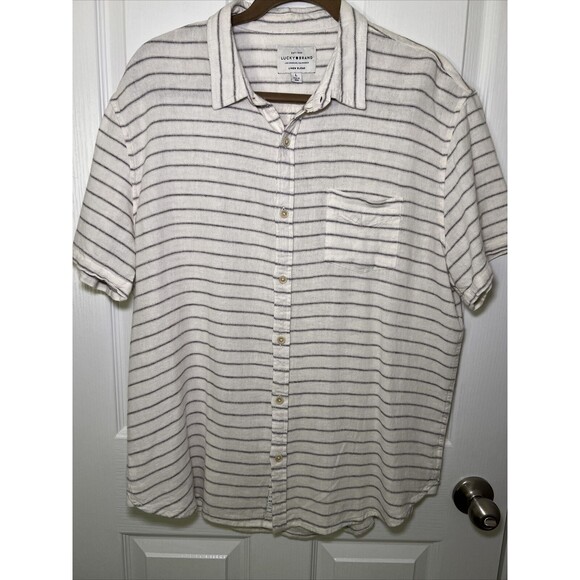 Lucky Brand Linen Blend Short Sleeve Button Up Shirt Mens Large Ivory Gray - Picture 1 of 13